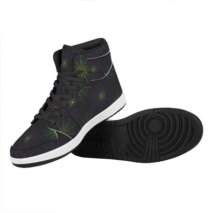 Purple And Green Spider Web Print High Top Leather Sneakers