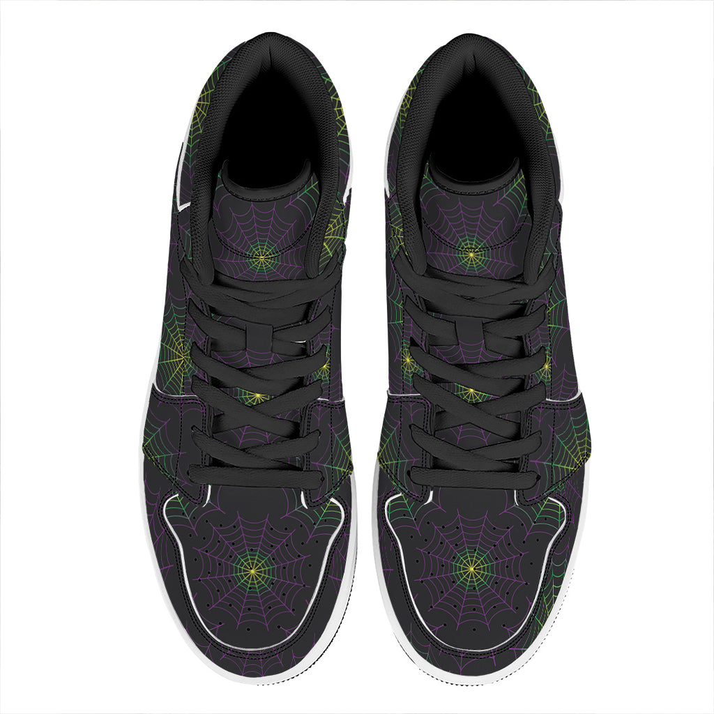Purple And Green Spider Web Print High Top Leather Sneakers
