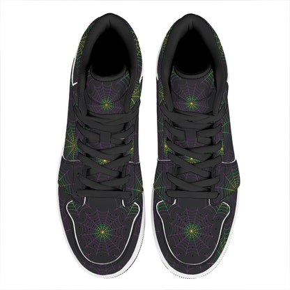 Purple And Green Spider Web Print High Top Leather Sneakers