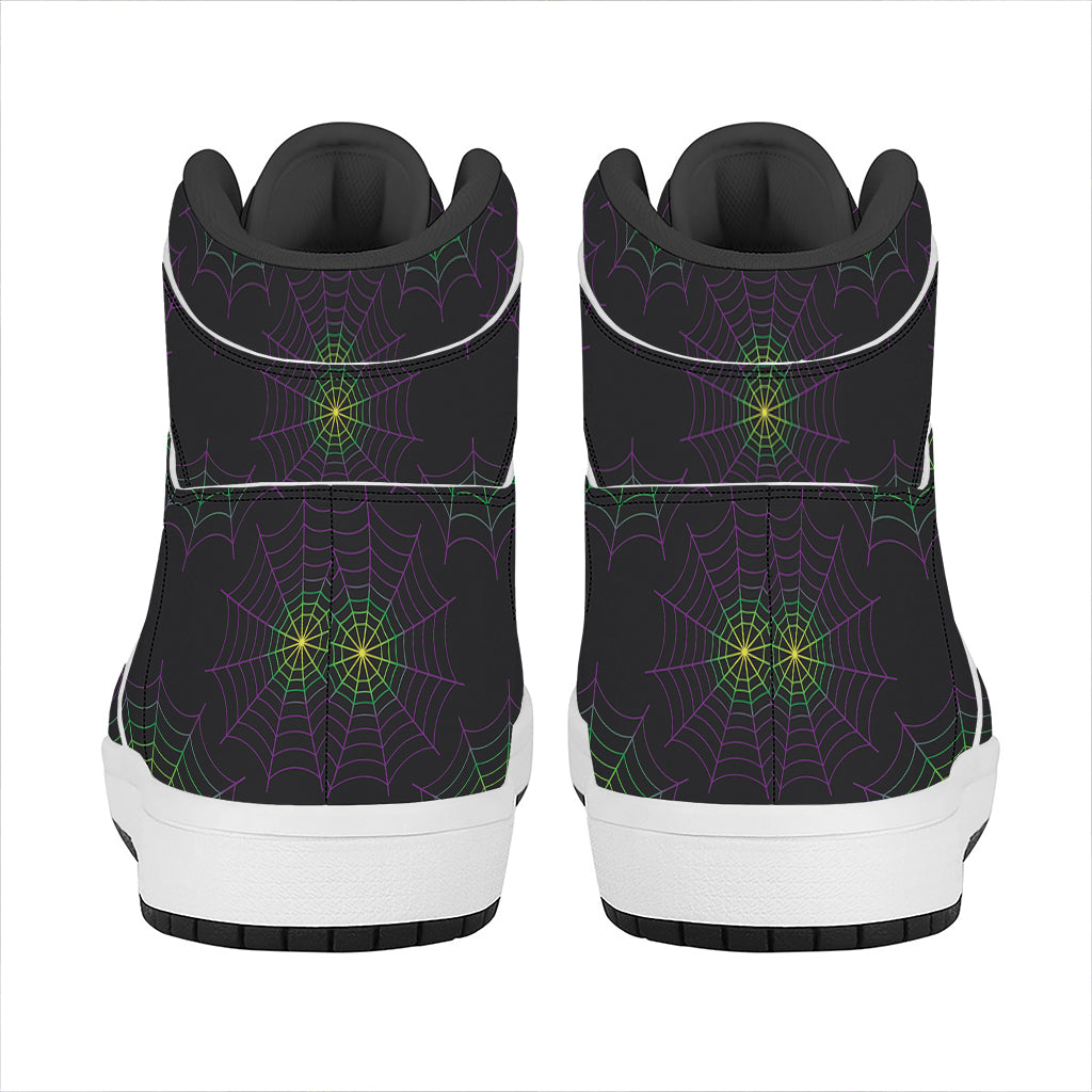 Purple And Green Spider Web Print High Top Leather Sneakers