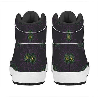 Purple And Green Spider Web Print High Top Leather Sneakers
