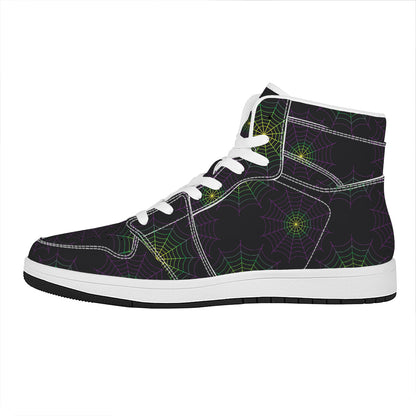 Purple And Green Spider Web Print High Top Leather Sneakers