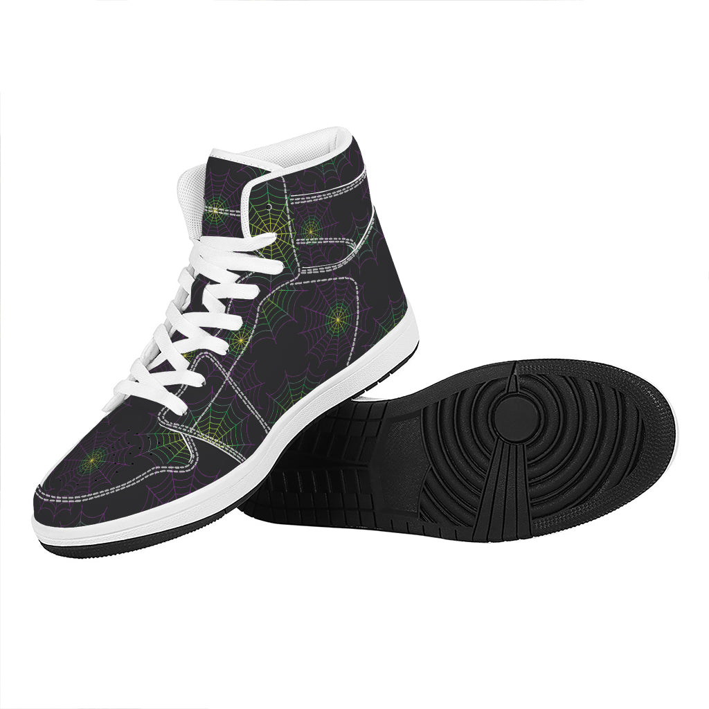 Purple And Green Spider Web Print High Top Leather Sneakers