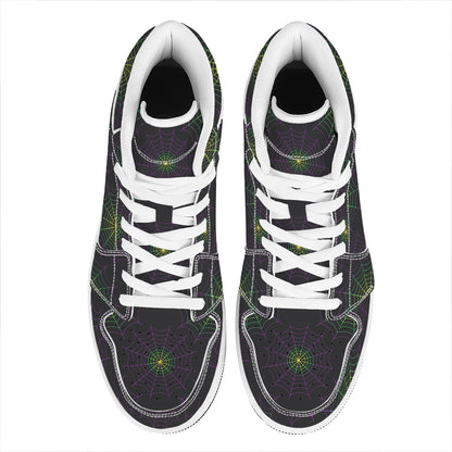Purple And Green Spider Web Print High Top Leather Sneakers