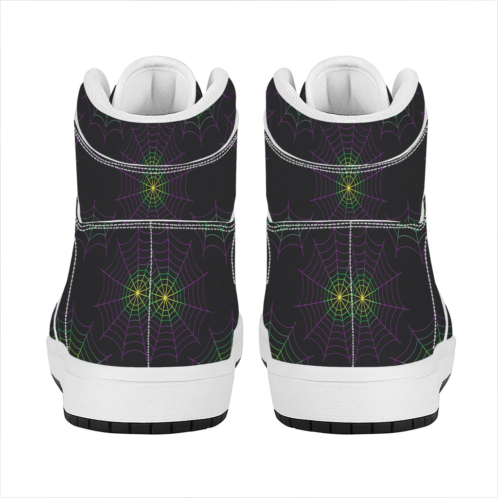 Purple And Green Spider Web Print High Top Leather Sneakers