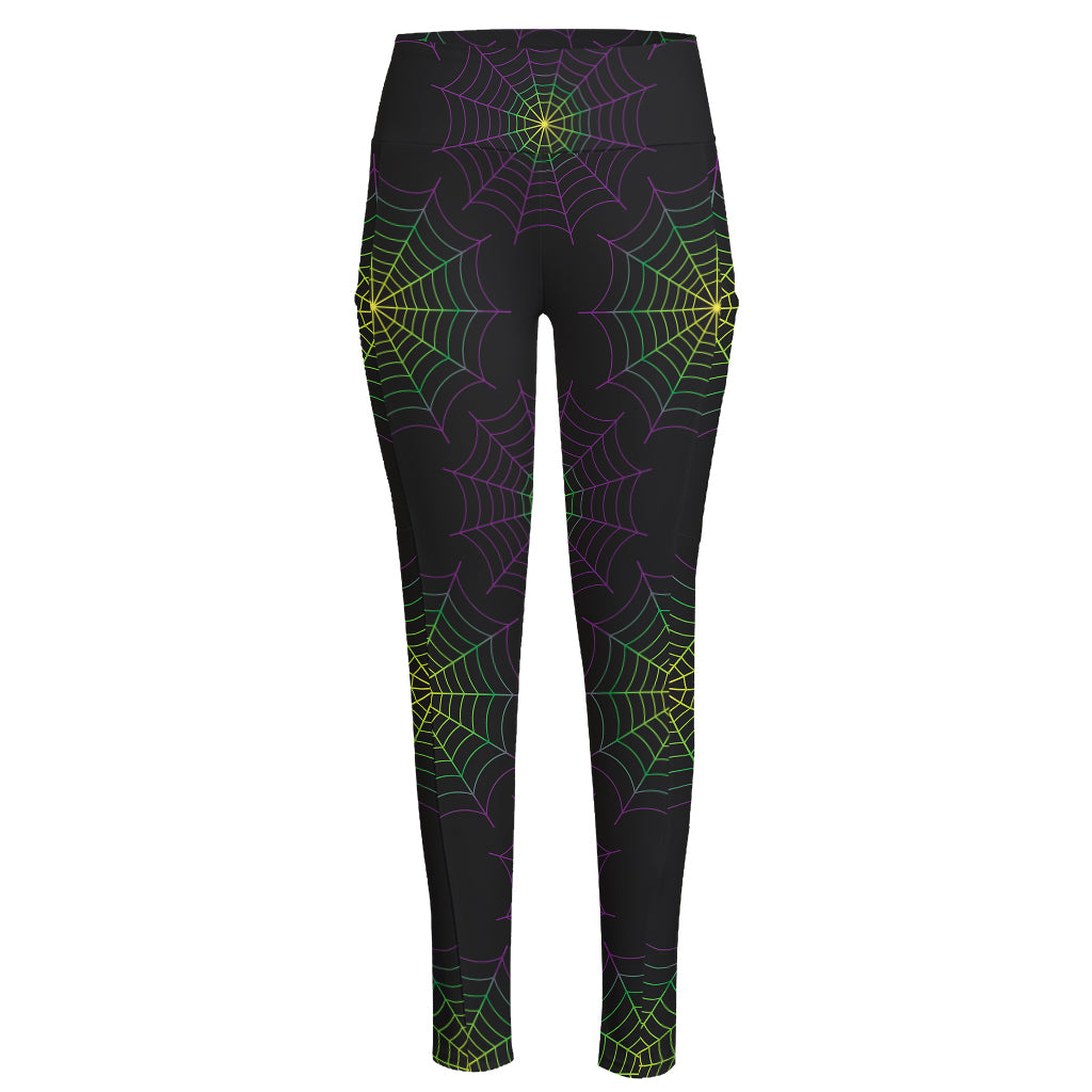 Purple And Green Spider Web Print High-Waisted Pocket Leggings