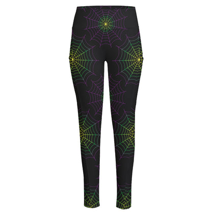 Purple And Green Spider Web Print High-Waisted Pocket Leggings
