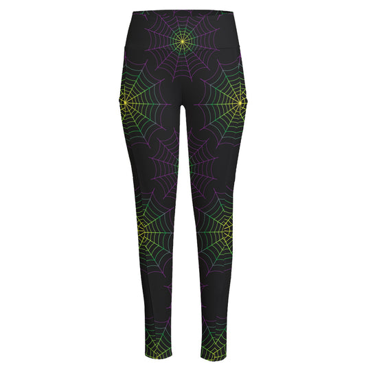 Purple And Green Spider Web Print High-Waisted Pocket Leggings
