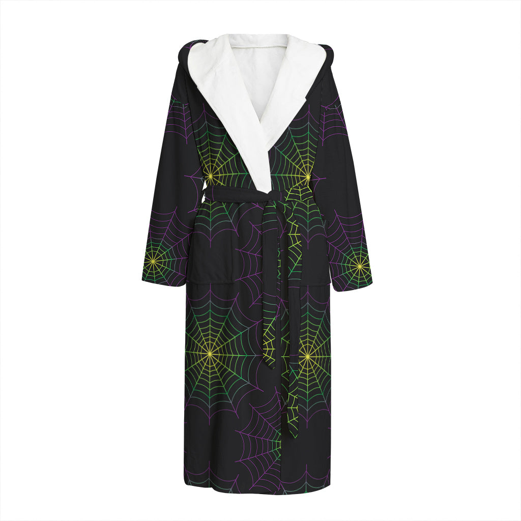 Purple And Green Spider Web Print Hooded Bathrobe