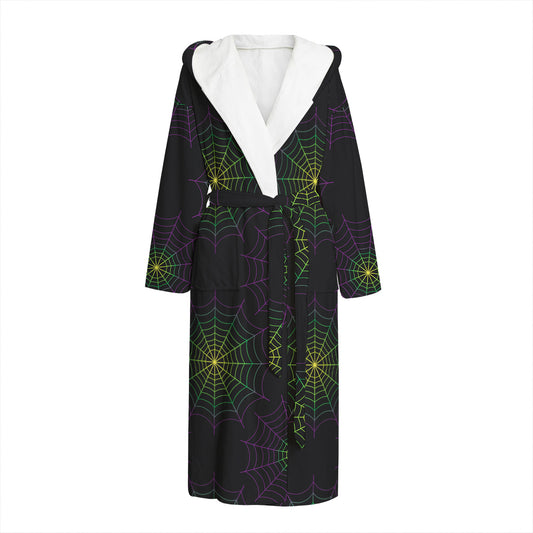 Purple And Green Spider Web Print Hooded Bathrobe