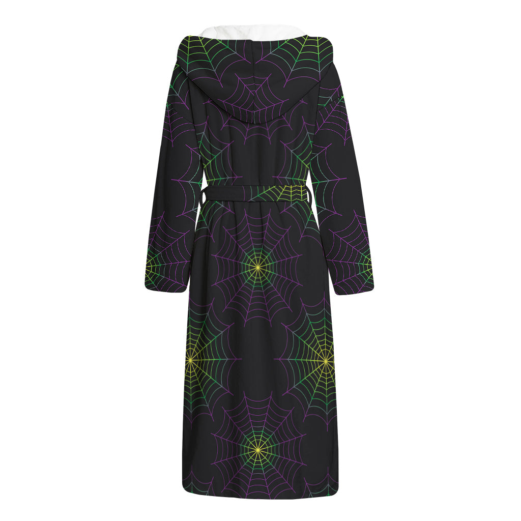 Purple And Green Spider Web Print Hooded Bathrobe