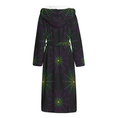 Purple And Green Spider Web Print Hooded Bathrobe