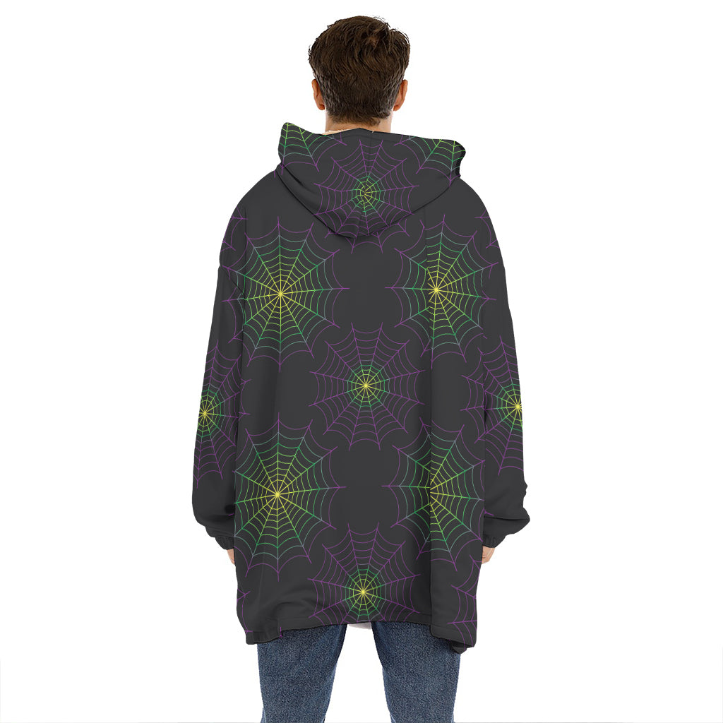 Purple And Green Spider Web Print Hoodie Blanket