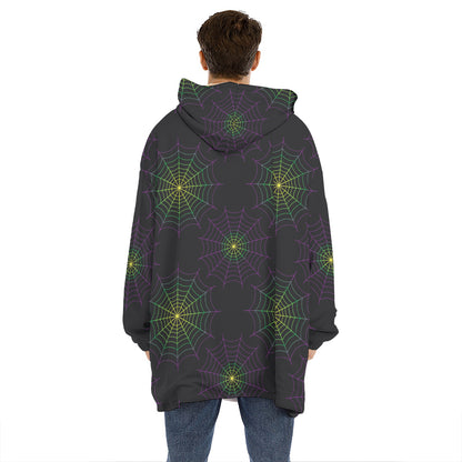 Purple And Green Spider Web Print Hoodie Blanket