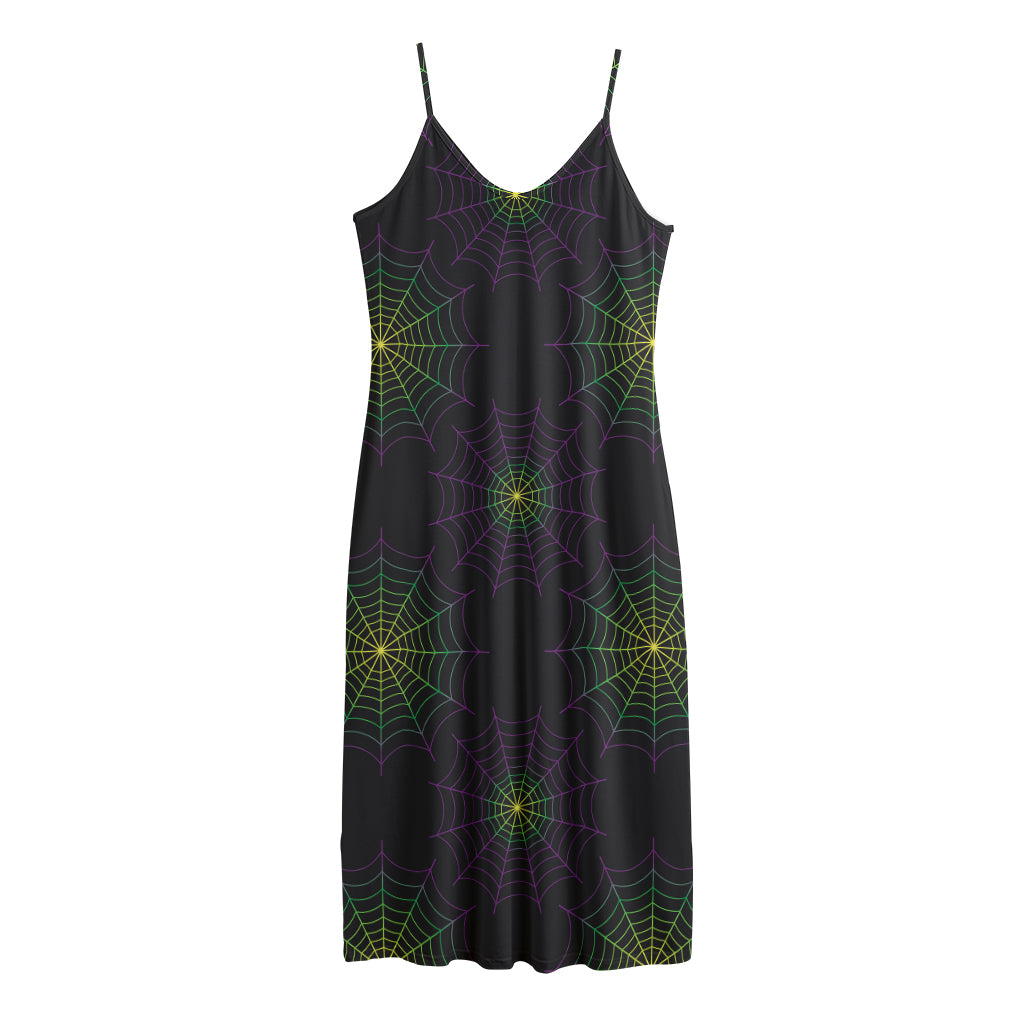 Purple And Green Spider Web Print Jersey Midi Cami Dress