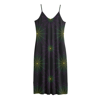 Purple And Green Spider Web Print Jersey Midi Cami Dress