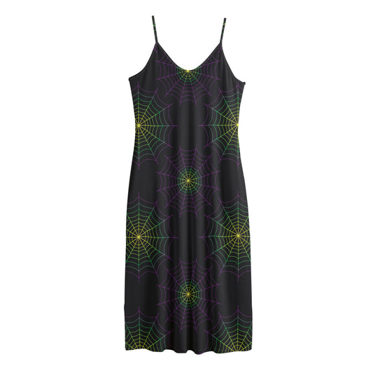 Purple And Green Spider Web Print Jersey Midi Cami Dress
