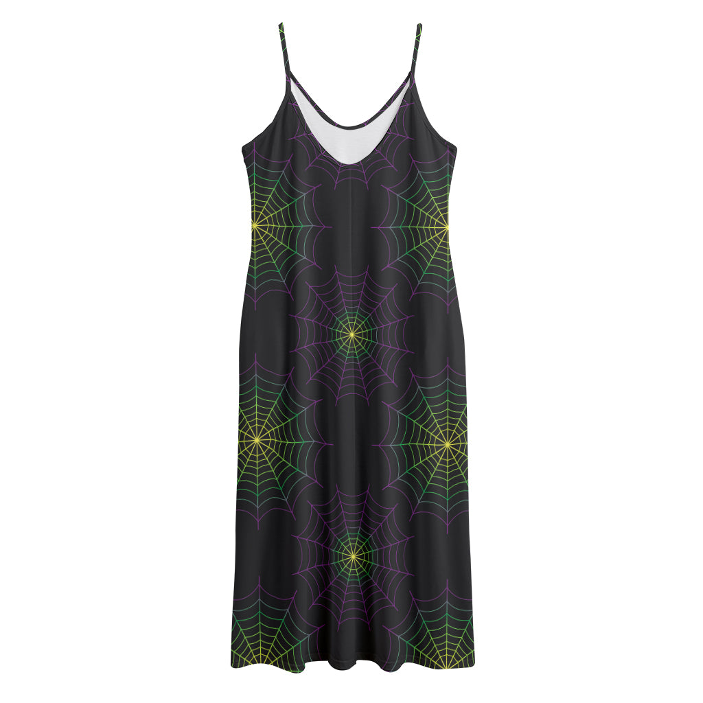 Purple And Green Spider Web Print Jersey Midi Cami Dress