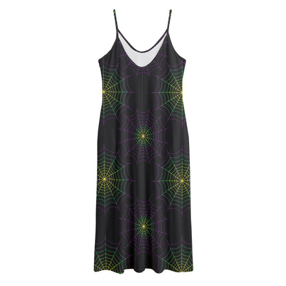Purple And Green Spider Web Print Jersey Midi Cami Dress