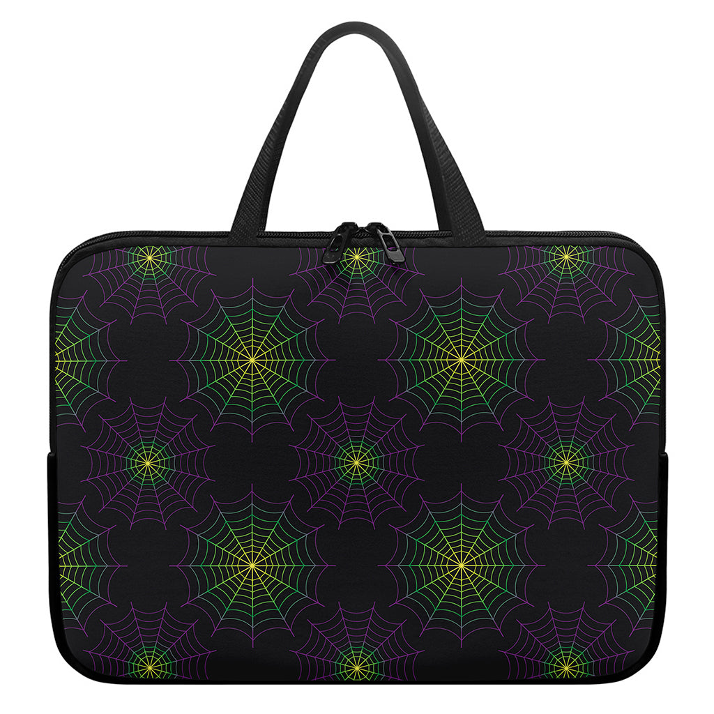 Purple And Green Spider Web Print Laptop Sleeve With Handle