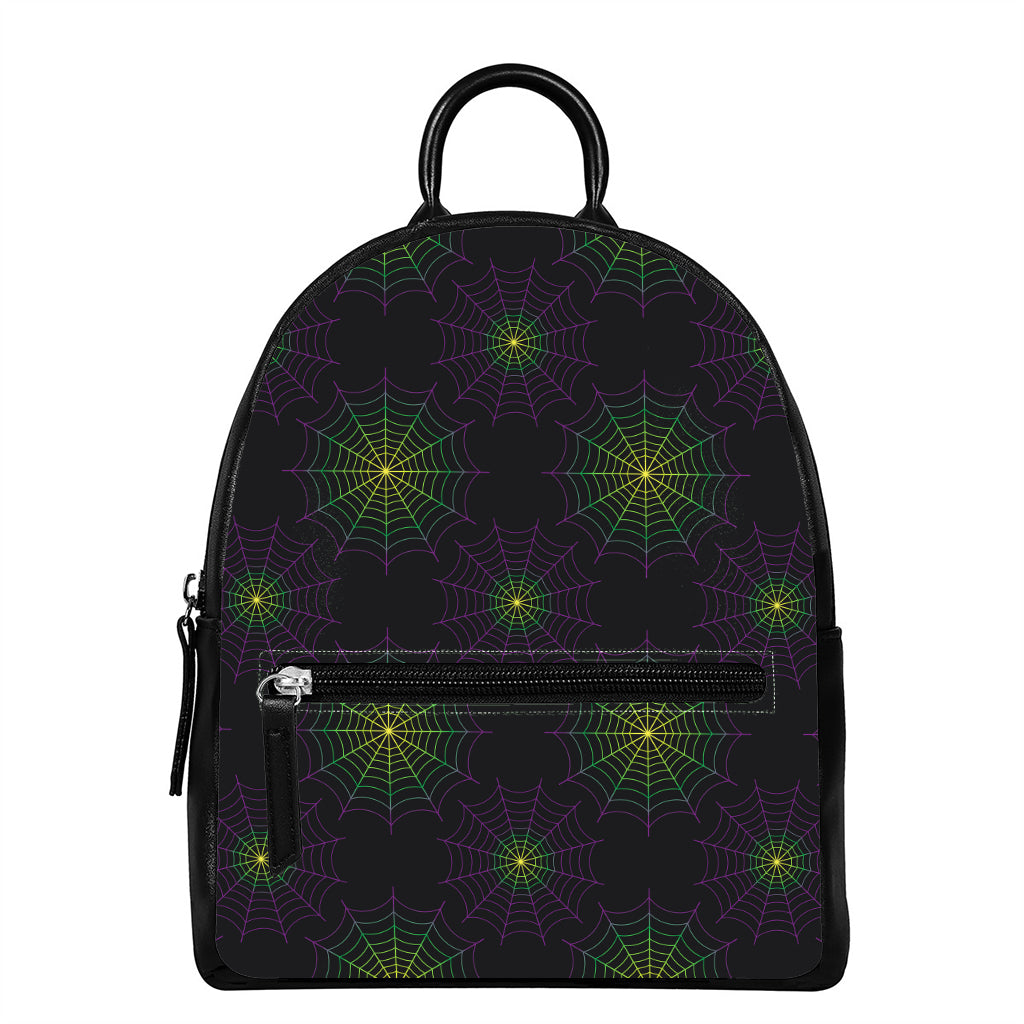 Purple And Green Spider Web Print Leather Backpack