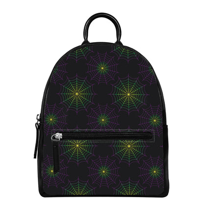 Purple And Green Spider Web Print Leather Backpack