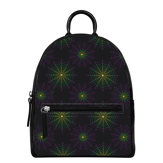 Purple And Green Spider Web Print Leather Backpack