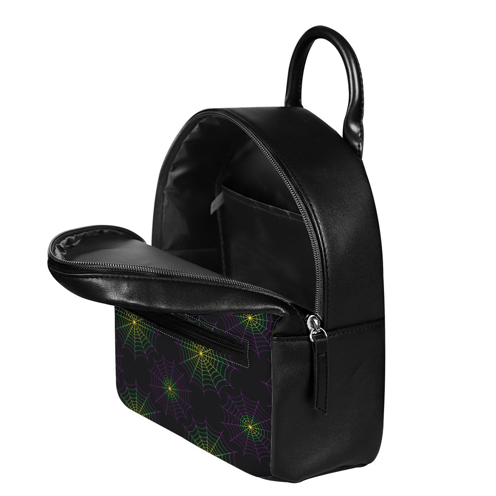 Purple And Green Spider Web Print Leather Backpack