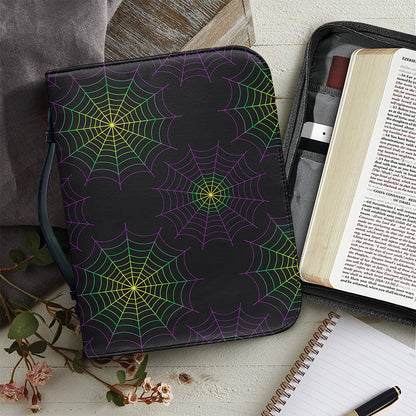 Purple And Green Spider Web Print Leather Bible Cover