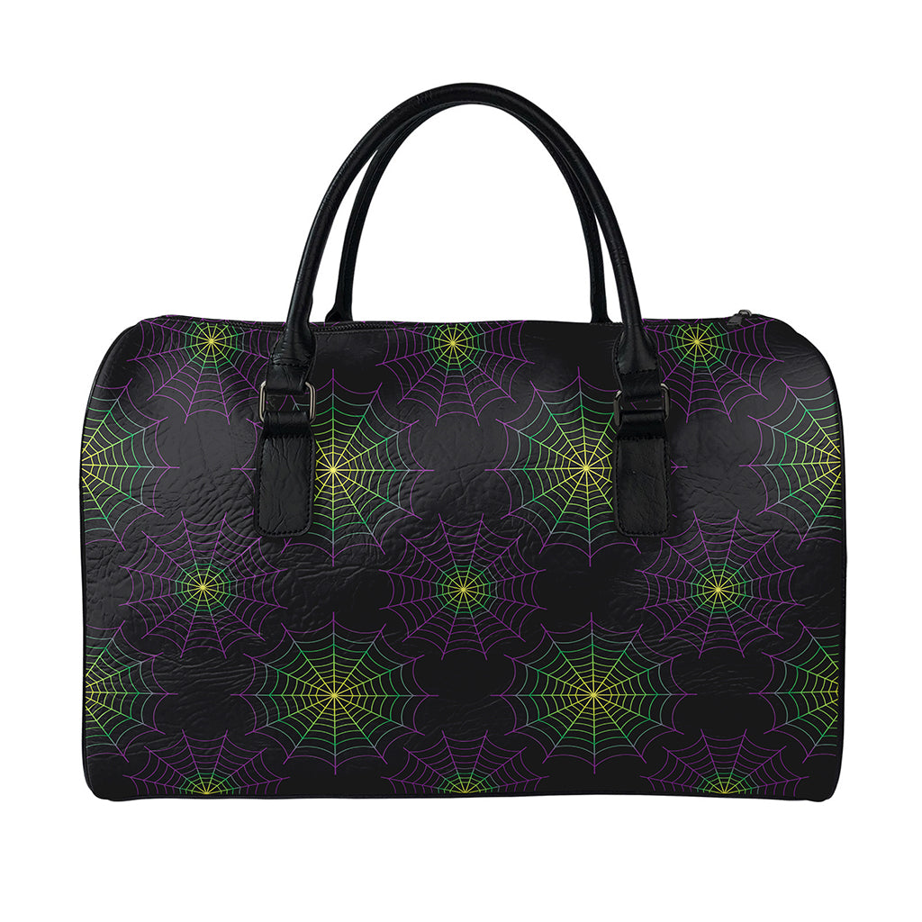 Purple And Green Spider Web Print Leather Duffle Bag