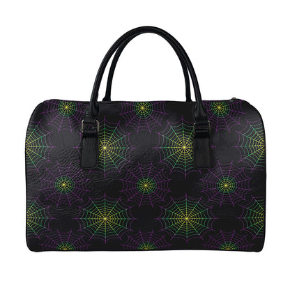 Purple And Green Spider Web Print Leather Duffle Bag