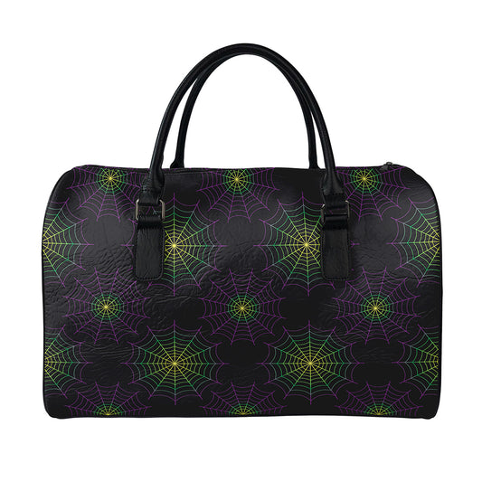 Purple And Green Spider Web Print Leather Duffle Bag