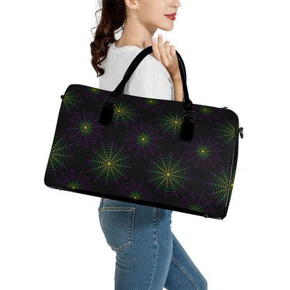 Purple And Green Spider Web Print Leather Duffle Bag