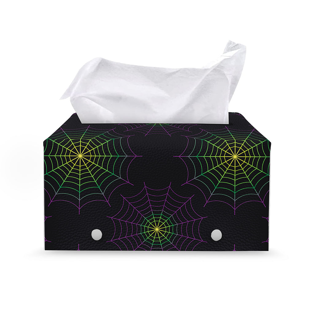 Purple And Green Spider Web Print Leather Tissue Box Cover
