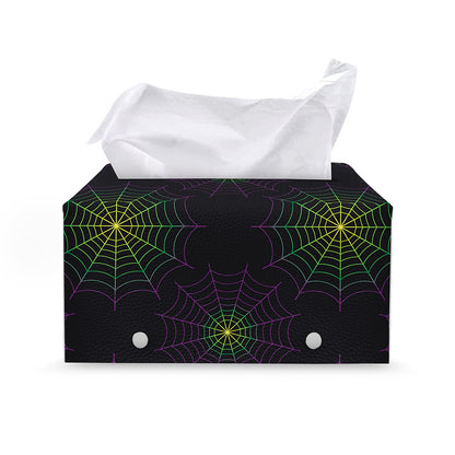 Purple And Green Spider Web Print Leather Tissue Box Cover
