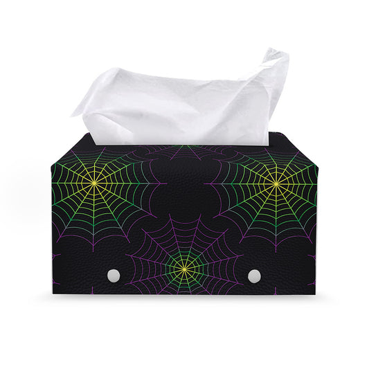 Purple And Green Spider Web Print Leather Tissue Box Cover