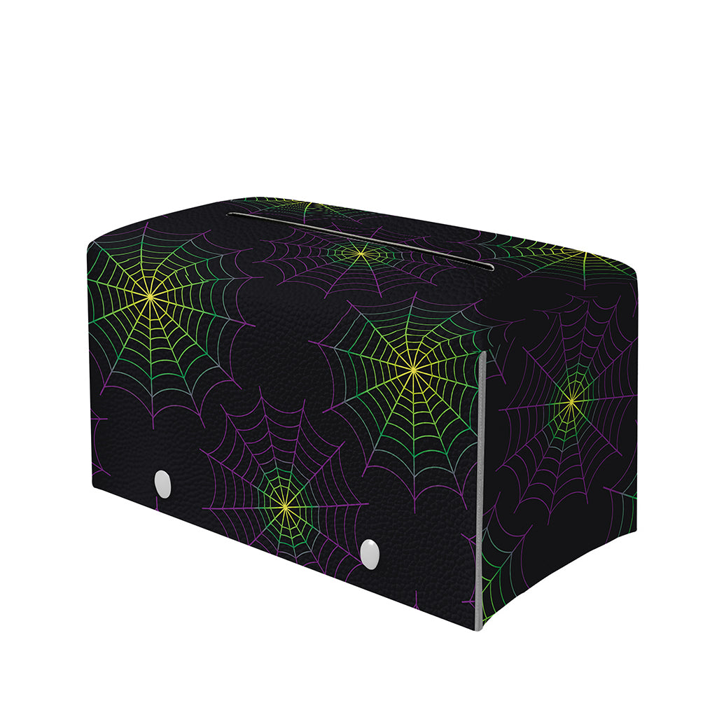 Purple And Green Spider Web Print Leather Tissue Box Cover