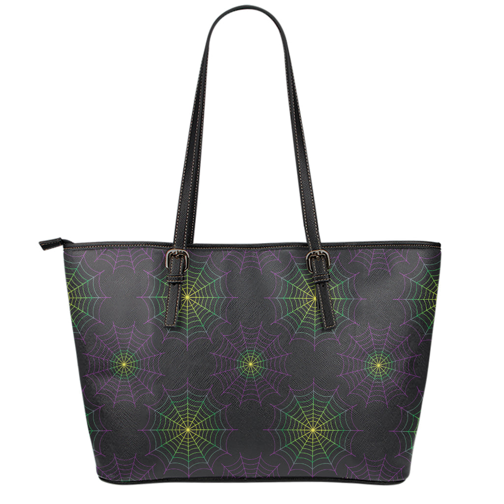 Purple And Green Spider Web Print Leather Tote Bag
