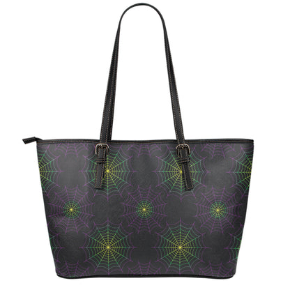 Purple And Green Spider Web Print Leather Tote Bag