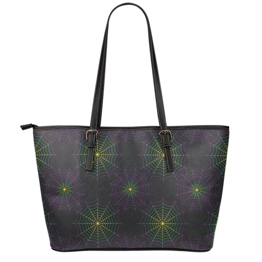 Purple And Green Spider Web Print Leather Tote Bag