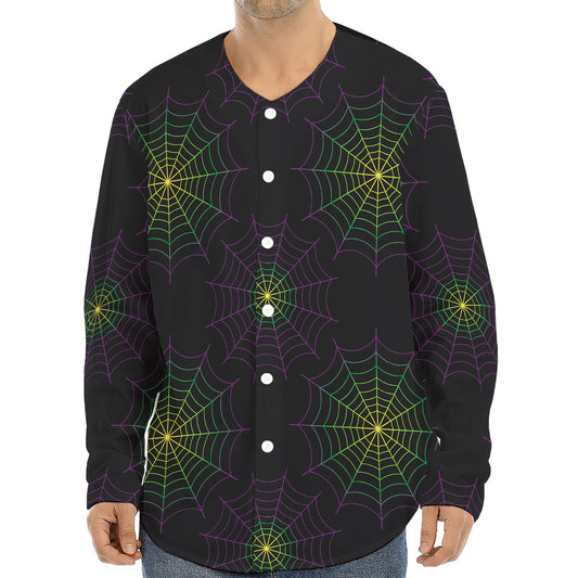 Purple And Green Spider Web Print Long Sleeve Baseball Jersey