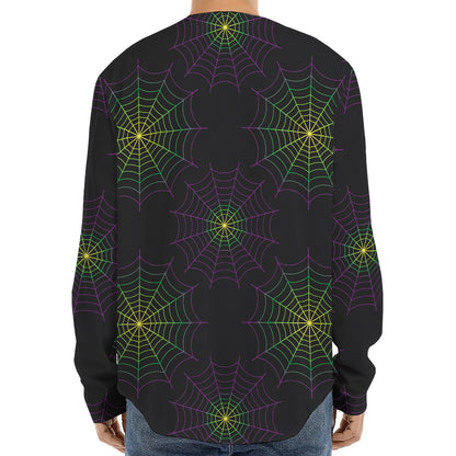 Purple And Green Spider Web Print Long Sleeve Baseball Jersey