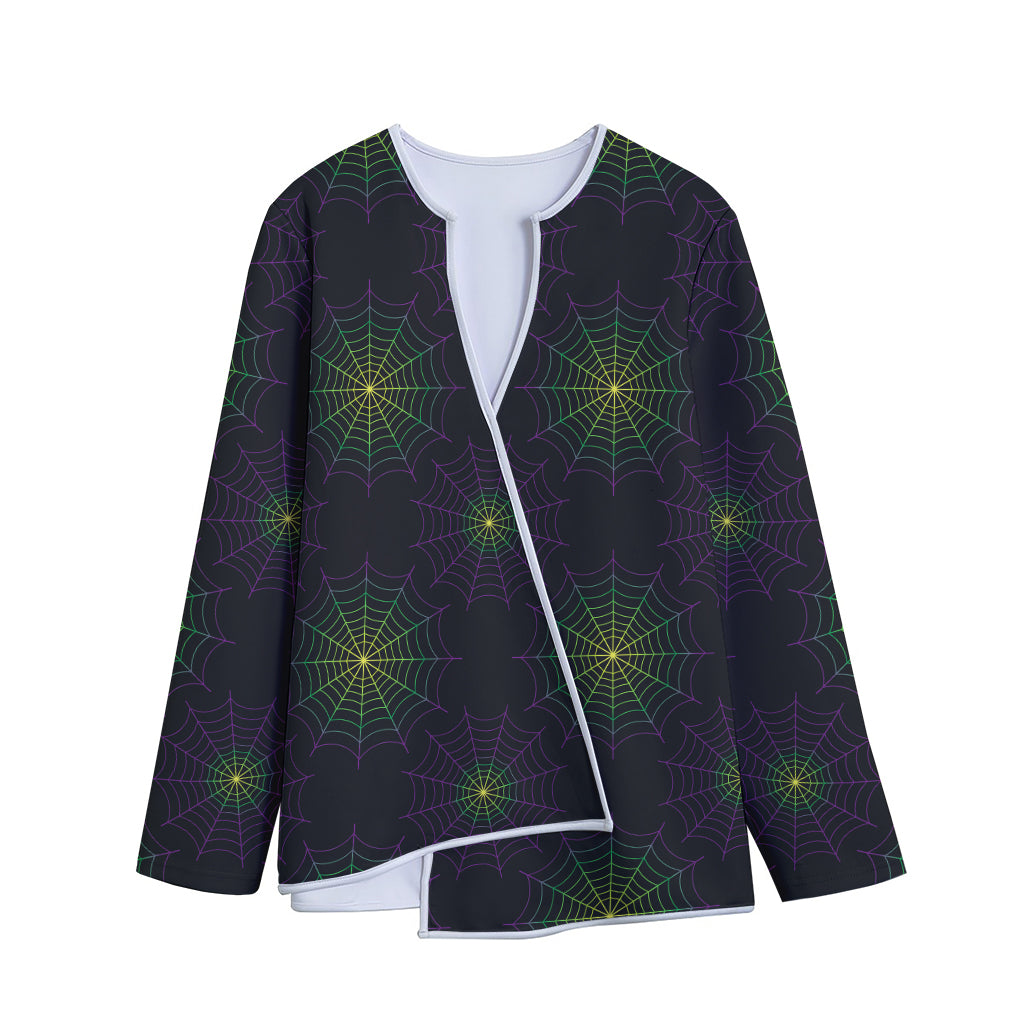 Purple And Green Spider Web Print Long Sleeve Short Coat