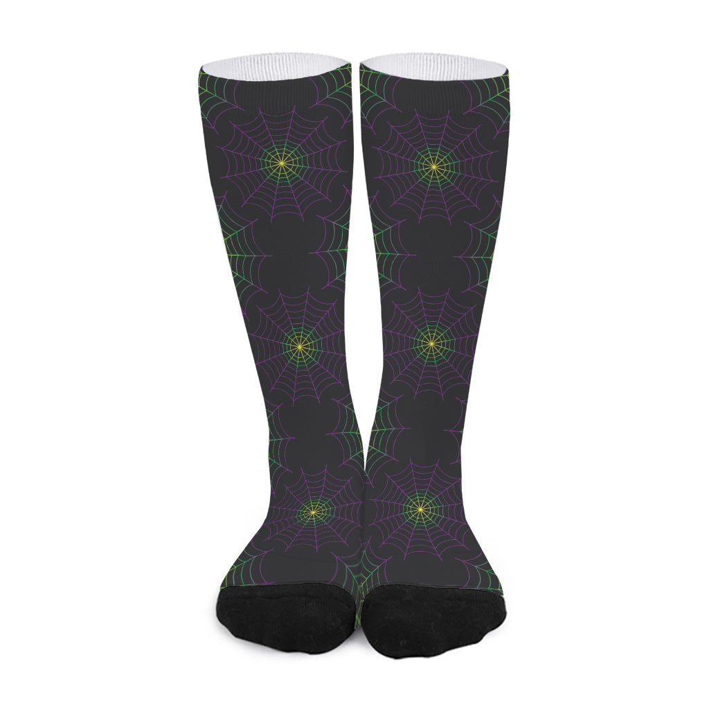 Purple And Green Spider Web Print Long Socks