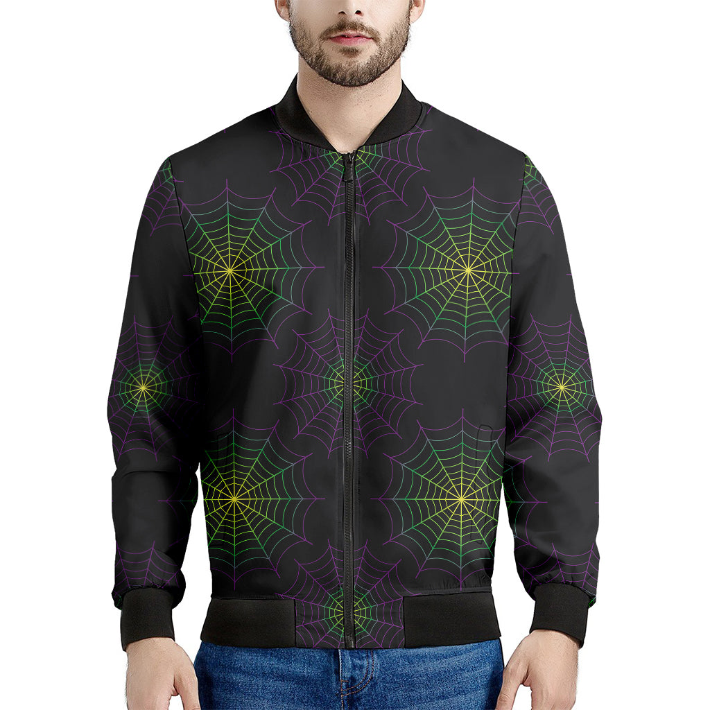 Purple And Green Spider Web Print Men's Bomber Jacket
