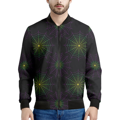 Purple And Green Spider Web Print Men's Bomber Jacket