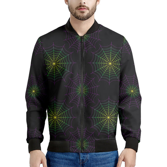 Purple And Green Spider Web Print Men's Bomber Jacket