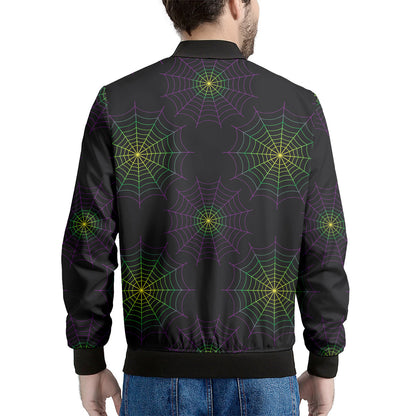 Purple And Green Spider Web Print Men's Bomber Jacket