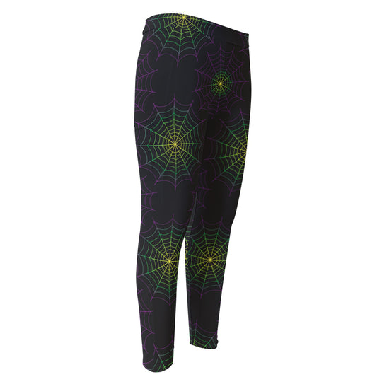 Purple And Green Spider Web Print Men's Compression Pants