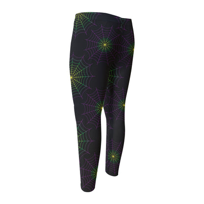 Purple And Green Spider Web Print Men's Compression Pants